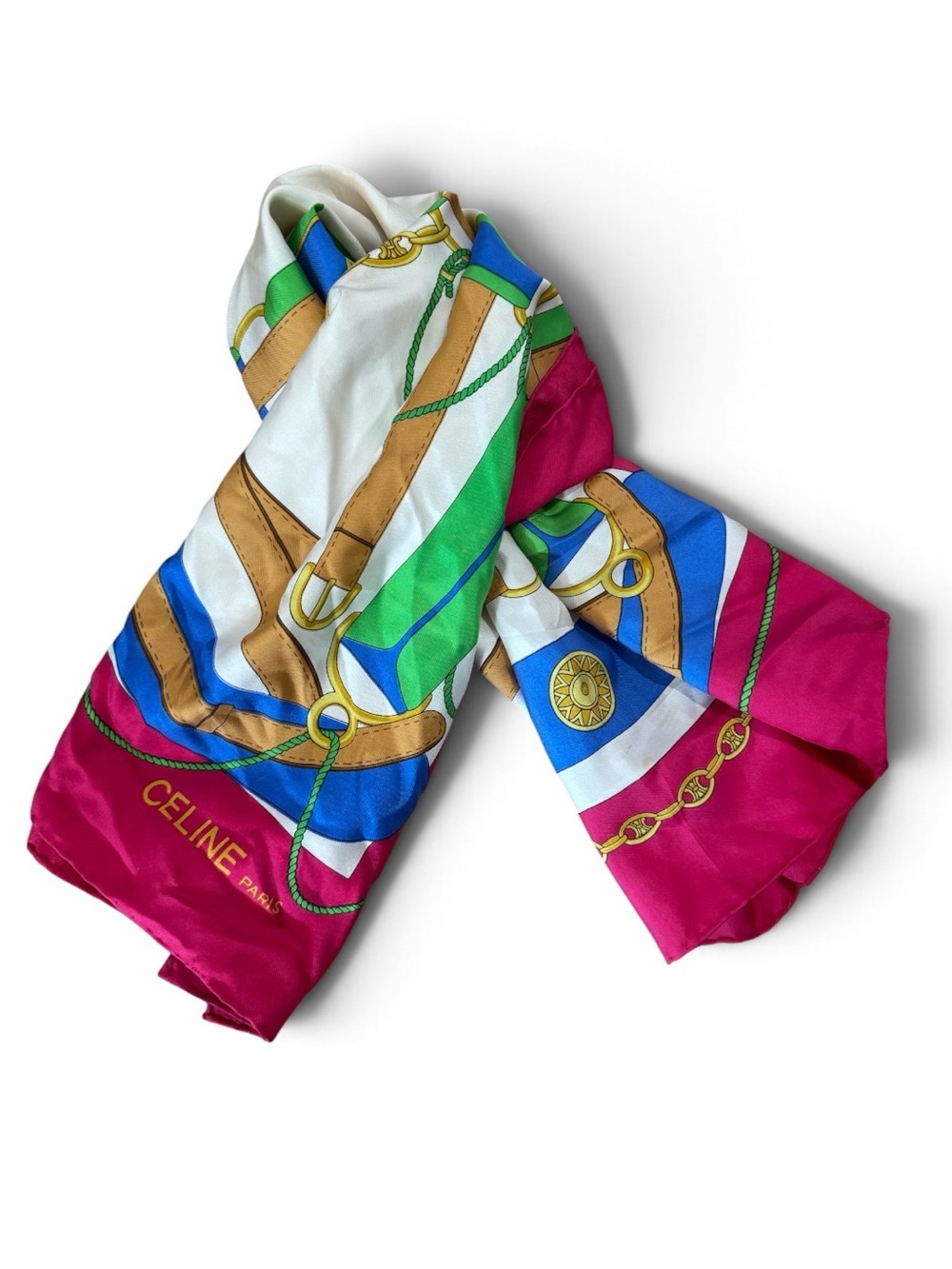 VTG 80s CELINE Paris Designer 100% Silk Scarf Equestrian Horse Bridle Print